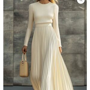 Oyrosy Long-sleeved Cream Knitted Satin Pleated Hem Maxi Dress